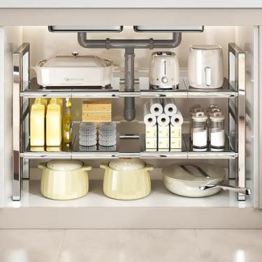 Imagem de ADVEZO Organizador grande sob a pia 2 camadas expansível prateleira de aço inoxidável pesado altura ajustável para organizadores e armazenamento de pia de banheiro embaixo da cozinha (tamanho grande