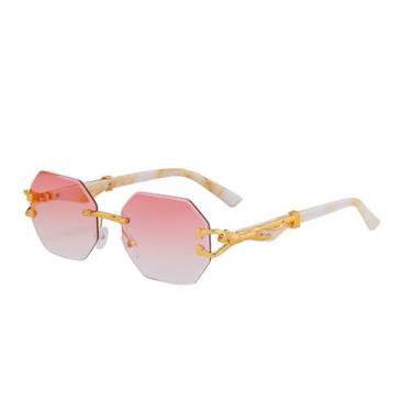 Imagem de Óculos de sol sem armação, adequados para homens e mulheres, com design de hastes com imitação de madeira, bordas de corte simples, ponte dupla e proteção UV400. (C10)