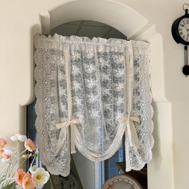 Imagem de Cortina de cozinha com balão de laço bege floral amarrada com renda transparente camadas para janelas de café com bolso de haste filtragem de luz voile babados saia de janela para decoração de