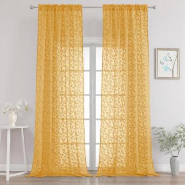 Imagem de Chyhomenyc Conjunto de 2 painéis de cortinas transparentes douradas extralongas de 300 cm de comprimento, com filtro de luz, com tufos, texturizadas, macias, arejadas, bolso para varão, folhas