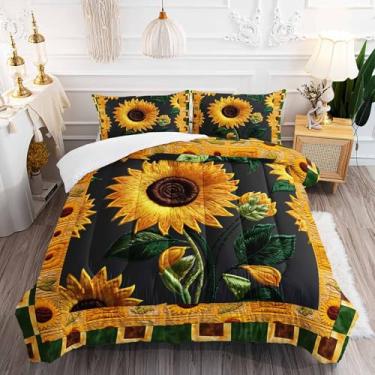 Imagem de AILONEN Jogo de cama casal com girassol, flor verde amarela, boêmio, exótico, 3 peças, edredom floral macio para meninas e mulheres, com 2 fronhas