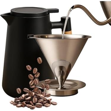 Imagem de Kit Garrafa Térmica de Café Cabo de Madeira 1L + Coador de Café de Inox 103 Dispensa Filtros de Papel Econômico Permanente Reutilizavel Jarra Termica Moderna Desempenho Térmico Superior