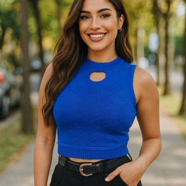 Imagem de Cropped Tricot Modal Losango Vazado - Vitrine Collection, Azul escuro,