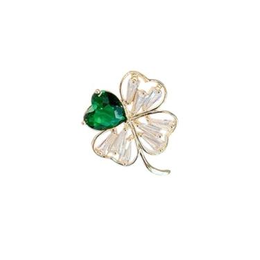 Imagem de Broche de trevo de quatro folhas verde com strass fofo para mulheres banhado a ouro pequeno coração cristal folha da sorte broches de trevo irlandês alfinetes de lapela xaile cachecol acessórios de