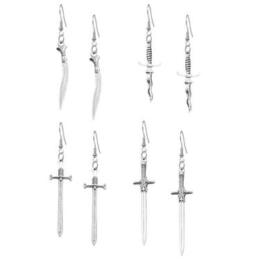 Imagem de RofYof 4 pares de brincos de espada longa com punhal gótico exclusivo para mulheres, retrô, punk, brincos pendentes para mulheres, joias e presentes, Small, Metal, Sem pedra preciosa