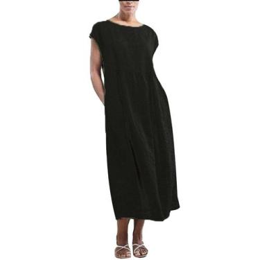 Imagem de Vestido longo feminino liso sem mangas com decote em O, bolsos, linho,