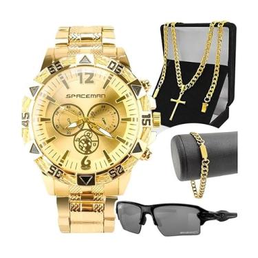 Imagem de Kit Presente Masculino Relógio Social Analógico À Prova D'Água + Corrente Grumet 60cm + Pulseira + Óculos UV