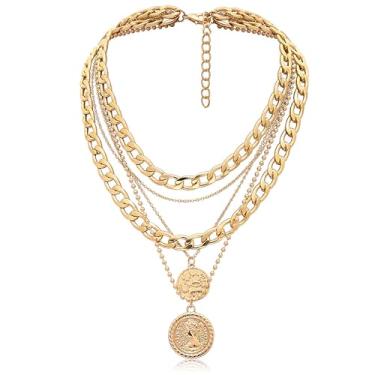 Imagem de Mawjom Colar com pingente de moeda de ouro de liga de zinco para mulheres, 16.1"(41cm)-19.7"(50cm), Zinco, Sem Pedra Preciosa
