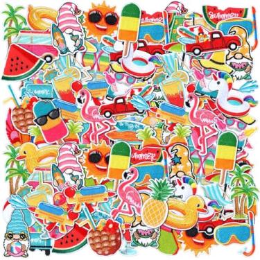 Imagem de Zeyune 72 peças de remendos de ferro na praia de verão a granel bordado havaiano em ferro no chapéu patch gnomo prancha de surfe flamingo óculos de sol férias piscina aplique costurado para chapéu