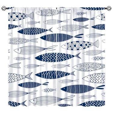 Imagem de Cortinas de peixe náutico abstrato retrô tema peixe marinho impressão artística cortinas de janela para quarto sala de estar cozinha café (L50 x C 114 cm) x 2 decoração