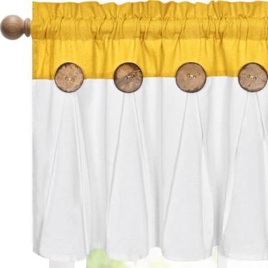 Imagem de FRAMICS Cortinas de sanefa de casa de fazenda, saia de cozinha de linho de algodão boho, sanefas amarelas de botão rústico para cozinha, banheiro, sanefas de bolso para varão, para janela, amarelo e