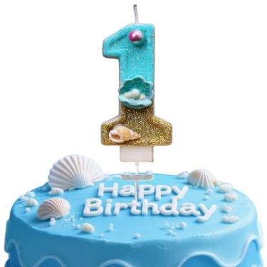Imagem de Vela digital de aniversário, Blue Ocean Golden Beach No. 1, adequada para meninos e meninas, aniversários e celebrações, é o presente preferido para expressar amor (número 1)