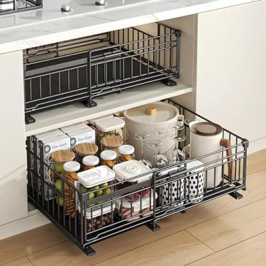 Imagem de NETEL Pacote com 2 organizadores de armário expansíveis, grade de proteção elevada de 17 cm, largura ajustável de 33 a 51 cm, 3 trilhos sem furadeira adesivos, gavetas para armários, preto