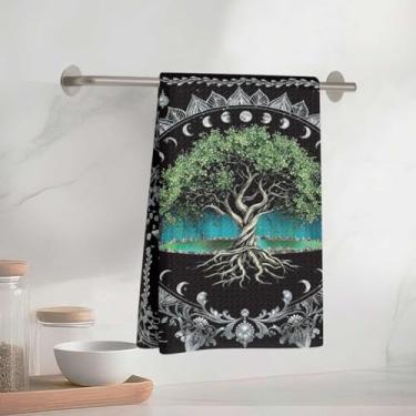Imagem de Toalha de cozinha com padrão floral e árvore da vida mística 40,6 x 58 cm, pano de prato decorativo de microfibra absorvente, toalha de chá, toalhas de mão de waffle para cozinha, casa, banheiro, 1