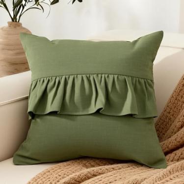 Imagem de RinRinfam Capa de almofada verde-oliva 45 x 45 cm, capa de almofada de linho natural com babados, decoração de casa de fazenda para sofá ao ar livre e quarto