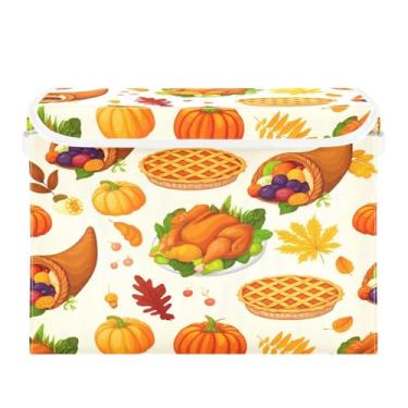 Imagem de Wassud Cestas de armazenamento de Halloween com tampas de peru assado de Ação de Graças, caixas dobráveis empilháveis de tecido, cestas de linho, recipiente organizador de armário 42 x 32 x 30 cm