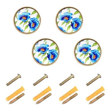 Imagem de Burbuja Maçanetas de armário de cozinha Blue Flowers, pacote com 4, puxadores redondos de 3,5 cm, puxadores de cômoda com parafusos para armários de cozinha, quarto, armário
