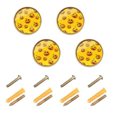 Imagem de Burbuja Puxadores de armário de cozinha JackO Lantern Pumpkins de desenho animado, pacote com 4, gaveta redonda de 3,5 cm, puxadores de cômoda com parafusos para cozinha, quarto, armários, armário