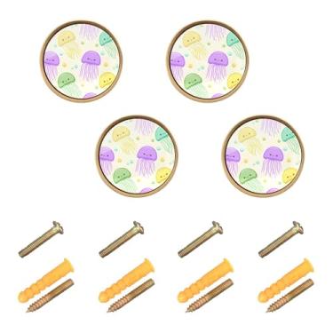 Imagem de Burbuja Puxadores de armário de cozinha de água-viva fofa, pacote com 4, puxadores redondos de 3,5 cm, puxadores de cômoda com parafusos para armários de cozinha, quarto, armário