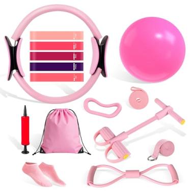 Imagem de Kit de 15 peças essenciais de Pilates para mulheres - Equipamento de treino doméstico com círculo de Pilates, anel, bola, faixas de resistência e tração de perna, conjunto de Pilates para força