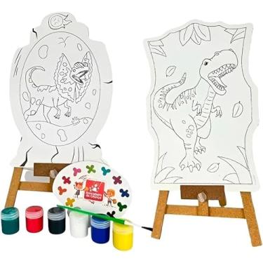 Imagem de Kit de Pintura Infantil Dinossauro com Cavalete Portátil – Tintas Atóxicas, Avental e Telas Temáticas para Criatividade