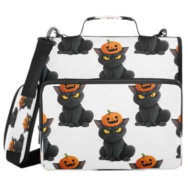 Imagem de STAYTOP Fichário escolar de abóbora e gato preto com alça de ombro, anéis de vedação de 3,8 cm, capacidade para 600 folhas, pasta de arquivos expansível, vários bolsos e organizador de armazenamento