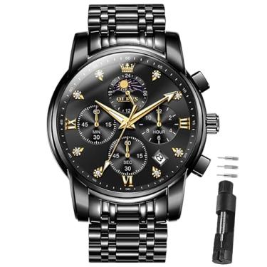 Imagem de OLEVS Relógios masculinos com cronógrafo, luxuoso, de aço inoxidável, mostrador grande, multifunções, fácil de ler, diamante numerais romanos, relógio de pulso de negócios Reloj para Hombre, Preto