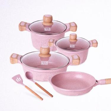Imagem de Jogo Panelas Antiaderente Revestimento Mármore Cerâmico 9 peças Rosa  