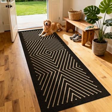 Imagem de Tapete de juta fácil geométrico lavável moderno, 2 x 6 preto, neutro, boho, exterior, interior, pátio, casa de fazenda, tecido, leve, antiderrapante, longo, tapete de porta para corredor, cozinha