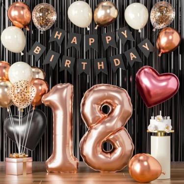Imagem de Decorações de aniversário de 18 anos para meninas, ouro rosa e balões pretos doces 18 meninas rosa aniversário feliz 18 bandeira ouro rosa número 18 balão para decoração de festa de 18 anos