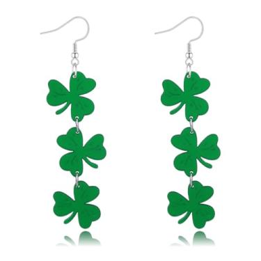 Imagem de Brincos de trevo de Dia de São Patrício para mulheres, brincos de trevo de lágrima de coração verde irlandês e trevo com pingente de trevo com glitter, brincos de Dia de São Patrício para mulheres