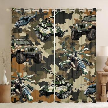 Imagem de Cortinas de janela infantis com tema de guerra, aviões de guerra, helicópteros, tanques do exército, cortinas de janela para meninos e homens, retrô, verde, camuflagem, camuflagem, verde, tratamentos