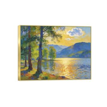 Imagem de BMZFYBS Quadro dourado arte de parede paisagem impressão em tela - árvore montanha lago pintura decoração quadros para quarto 70x90cm27x35in