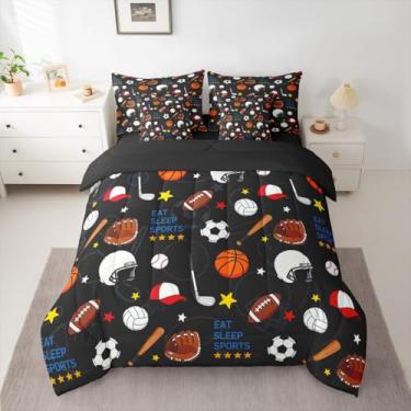 Imagem de Feelyou Conjunto de edredom esportivo, solteiro, para meninos, beisebol, basquete, futebol, crianças, meninas, preto, com edredom, lençóis, fronhas, capas de almofada, decoração de jogo de bola