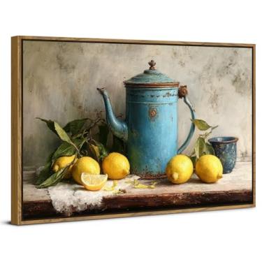 Imagem de Arte de parede vintage limão emoldurada decoração de parede para cozinha sala de jantar decoração de mesa retrô frutas amarelas impressão em tela imagem pintura botânica pôster casa de fazenda arte