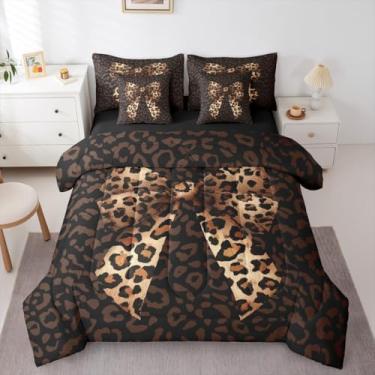 Imagem de Erosebridal Jogo de cama King com estampa de leopardo e laço de guepardo e laço de guepardo, para adolescentes e adolescentes, conjunto de lençol com laço e nó de laço de vida selvagem marrom