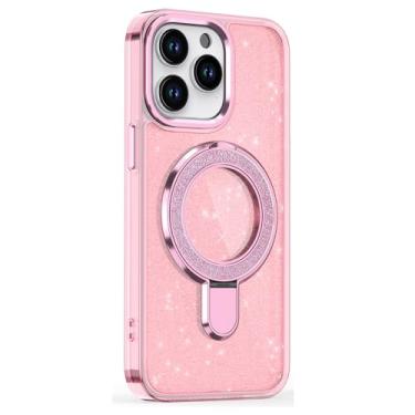 Imagem de Capa magnética para iPhone 16/16 plus/16 pro/16 pro max, capa transparente com glitter com suporte de anel brilhante que não amarela, à prova de choque
