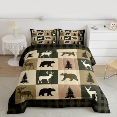 Imagem de Feelyou Conjunto de edredom rústica, tamanho queen, cabana, urso, veado, para crianças, meninos, meninas, oeste, country, alce, decoração de quarto, verde e 2 fronhas
