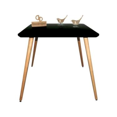 Imagem de Mesa de Jantar Quadrada Laqueada com Vidro Pés Palito em Madeira Maciça Mesa Decorativa Moderna (OFF White)