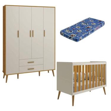 Imagem de Berço Americano E Guarda Roupa Infantil 4 Portas Isis Areia Acetinado Savana Com Colchão Ortobom