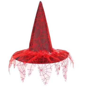 Imagem de Chapéu de bruxa, teia de aranha vermelha com acabamento em penas, fant