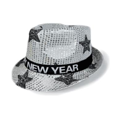 Imagem de Chapéu de jazz Silver Sequin Feliz Ano Novo com estrela de cinco ponta