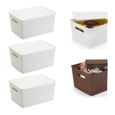 Imagem de Plasnorthon Kit Rattan 03 Caixas Organizadoras C/Tampa - 15 Litros Cor: Branco