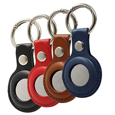 Imagem de Pacote com 4 capas de couro Apple AirTag com chaveiro antiperda, capa protetora rastreadora com etiqueta Air Tag 2021 para animais de estimação, bagagem, mochilas (vermelho, preto, marrom, azul)