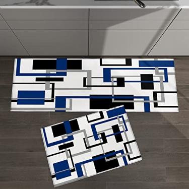 Imagem de Conjunto de 2 tapetes de cozinha abstrato geométrico arte moderna quadrado meados do século azul marinho preto para tapetes acolchoados e tapetes antiderrapantes absorventes corredor confortável tapete de pé
