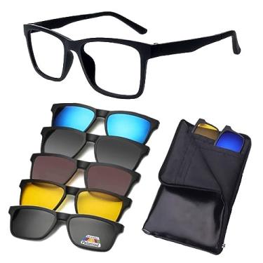 Imagem de Armação De Óculos Masculino + 5 Clip On Óculos De Sol Troca Lentes 6 Em 1 Proteção UV Polarizado Quadrado Redondo Retangular (8002 54-18-145)