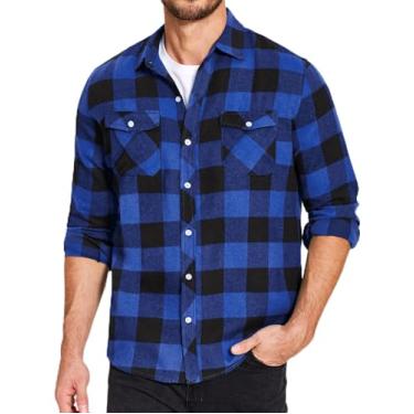Imagem de COOFANDY Camisa de flanela xadrez masculina casual com botões e camisas leves de algodão, Azul, preto, G