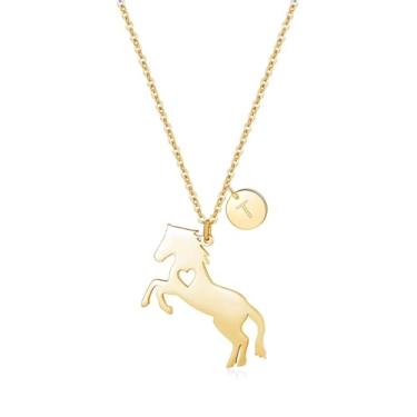 Imagem de AOAMID Colar de cavalo feminino, colares com inicial para mulheres, colar pequeno e delicado com pingente de 26 letras, pingente de cavalo preenchido em ouro 14k ou prata com pingente de disco com