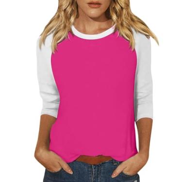 Imagem de Blusas femininas gola redonda manga 3/4 camiseta casual color block camiseta solta confortável camiseta túnica para treino, Rosa choque, XXG