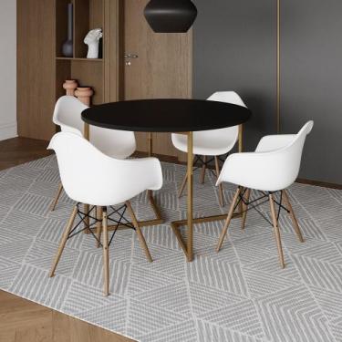 Imagem de Mesa Jantar Industrial Redonda 110cm Preta Base V Dourada com 4 Poltro